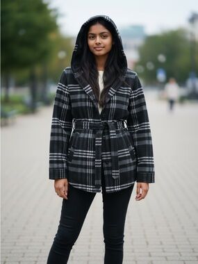 Jou Jou Black & Gray Plaid Hooded Belted Peacoat